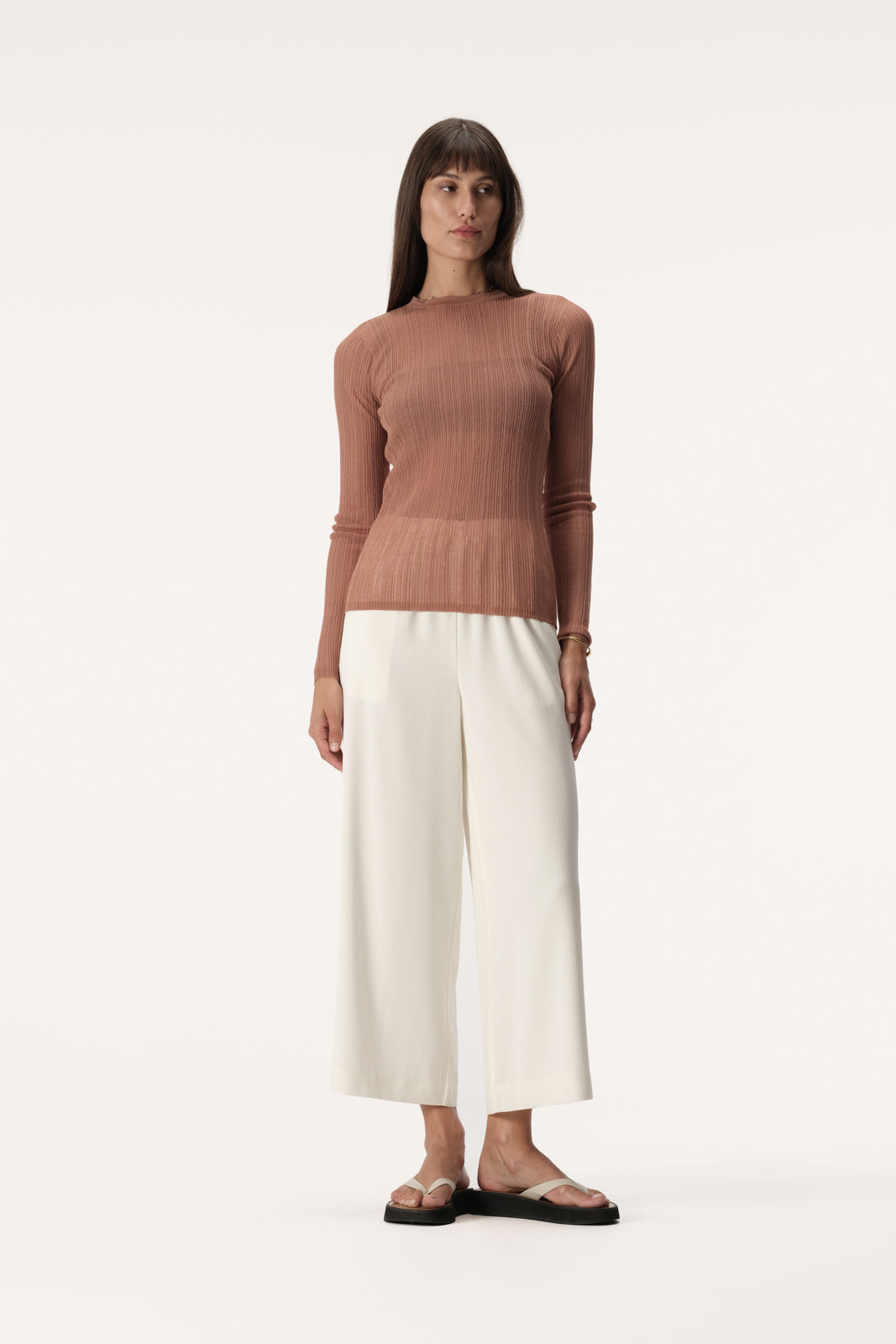 Semi sheer slim fit knit top with long sleeve, high neckline and crinkle texture