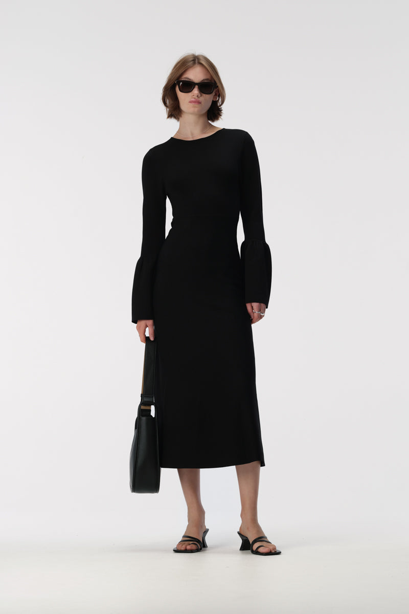 Midi length slim fit knit dress with round neckline and full length bell sleeves