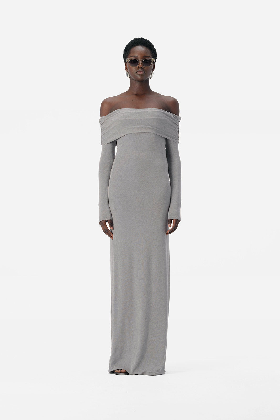 Harpa Grey Off Shoulder Maxi Dress | Elka Collective