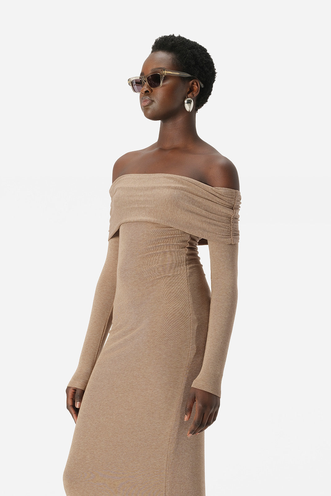 Harpa Tan Off Shoulder Maxi Dress Elka Collective