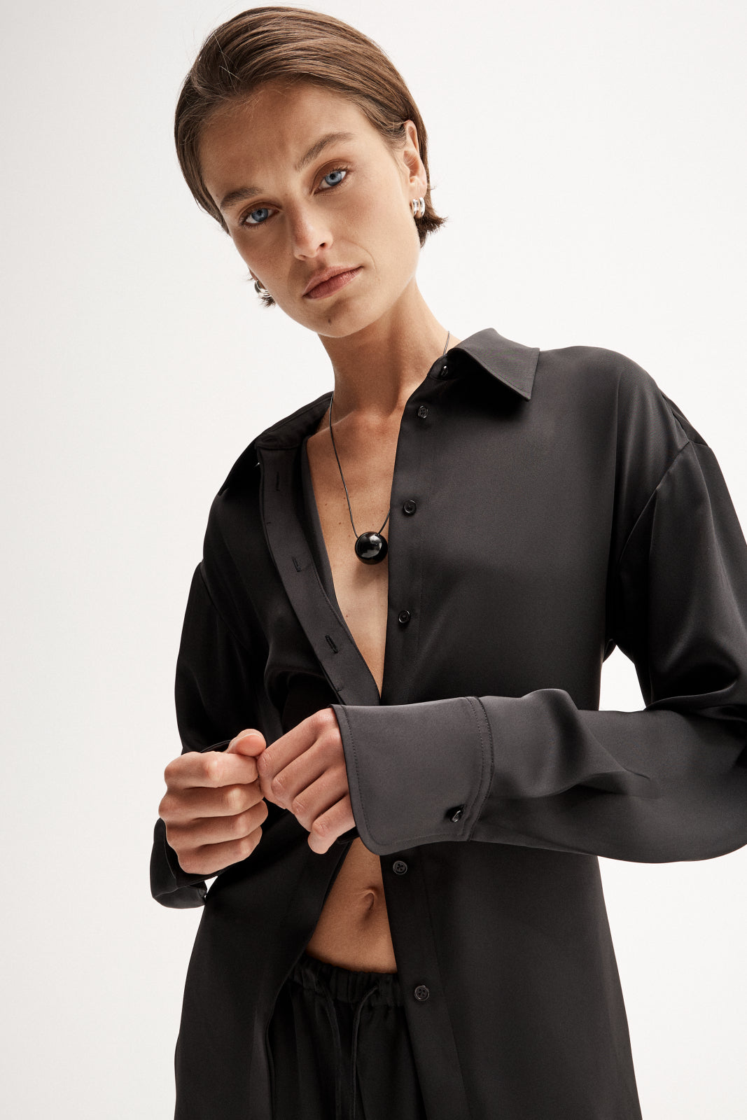 Ella Black Satin Corset Back Shirt | Elka Collective