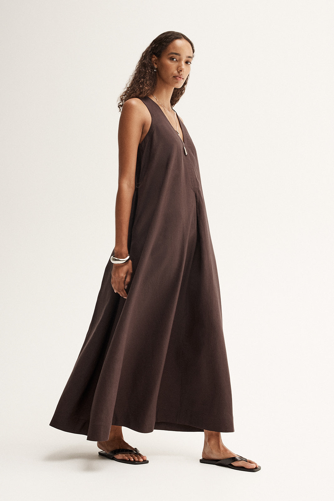 chinese dress ladies Mallory Brown Linen Blend Maxi Dress