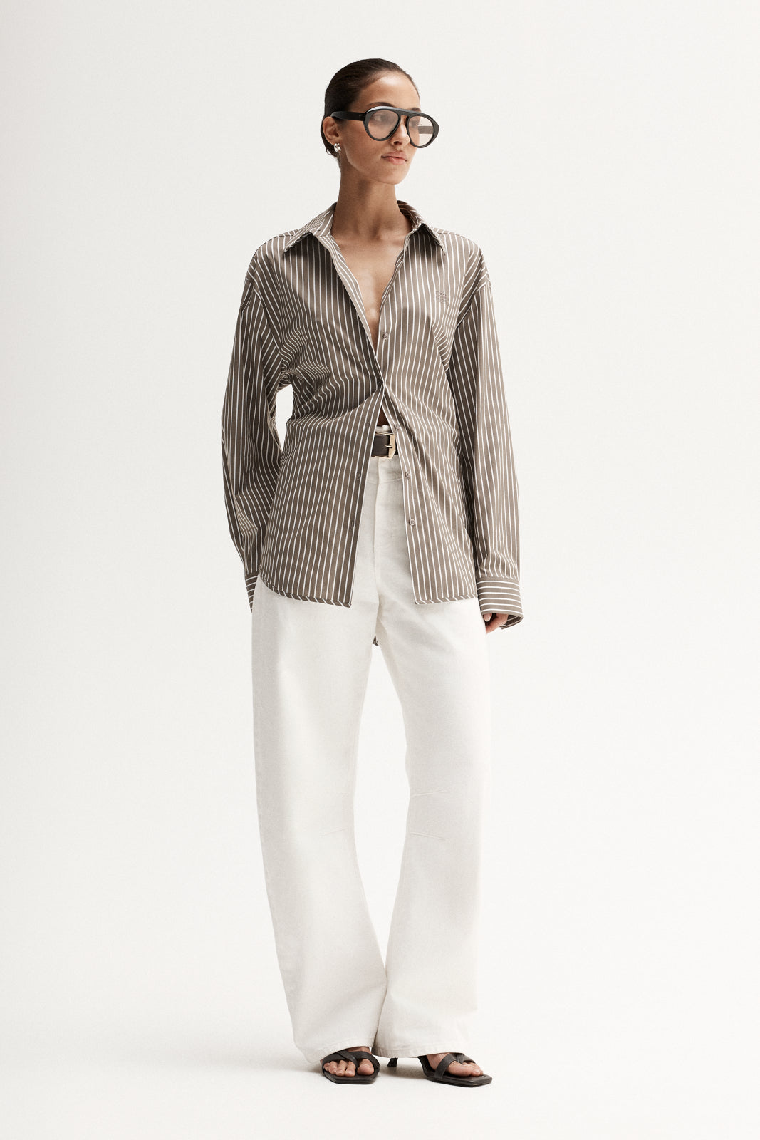 Women's Emry Long Sleeve Shirt in Brown Stripe - Elka Collective