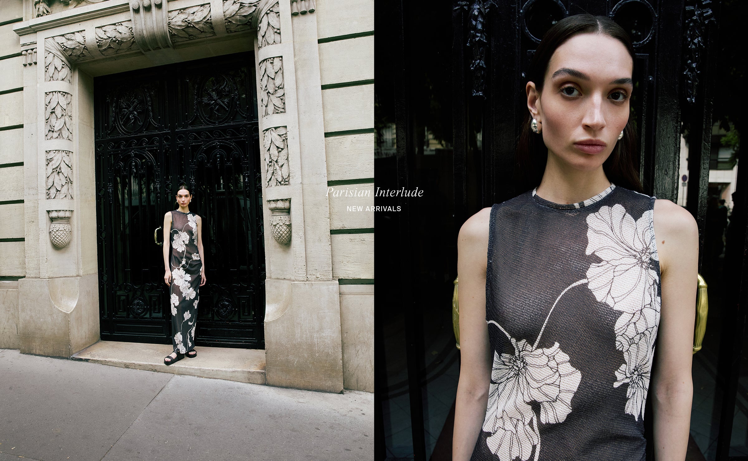 Woman in a floral dress standing in front of an ornate building entrance.