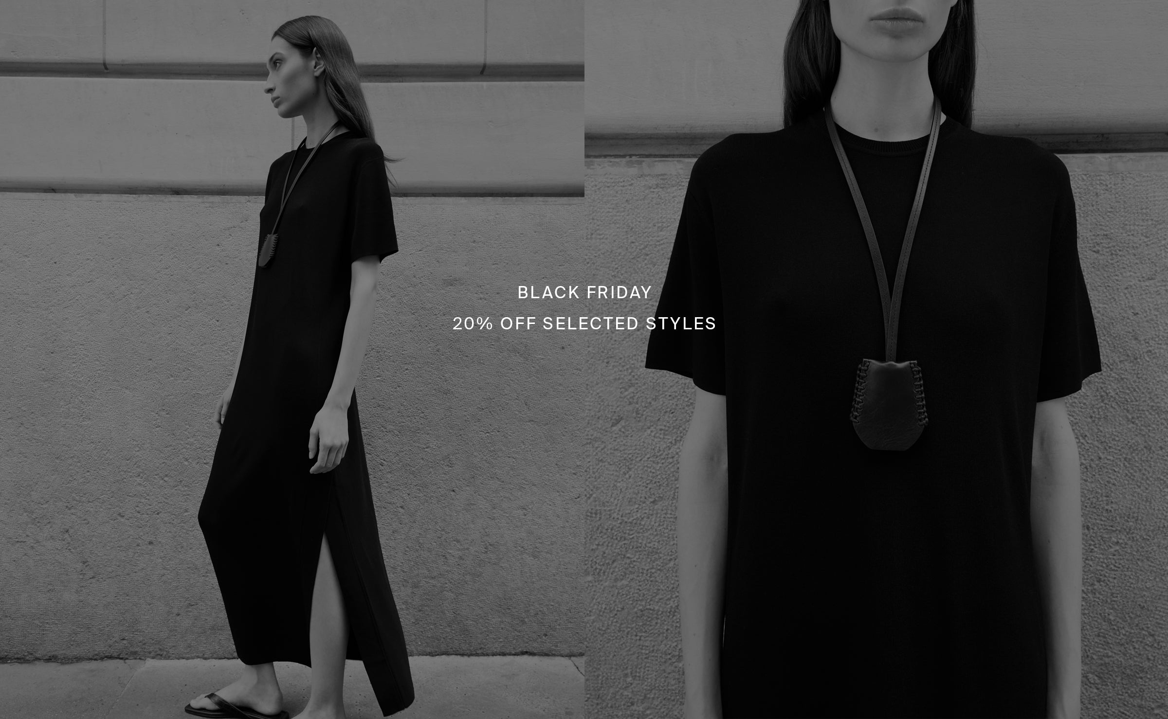 Woman wearing a black dress with a pendant necklace against a neutral background, with 