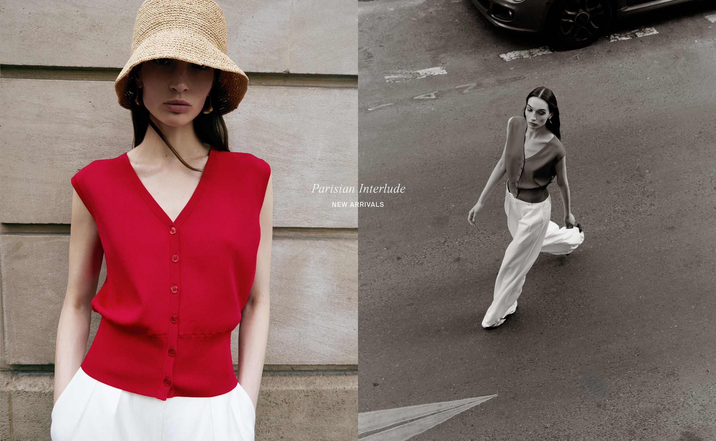 A women in a red top and white pants, shown in colour on the left and greyscale on the right.