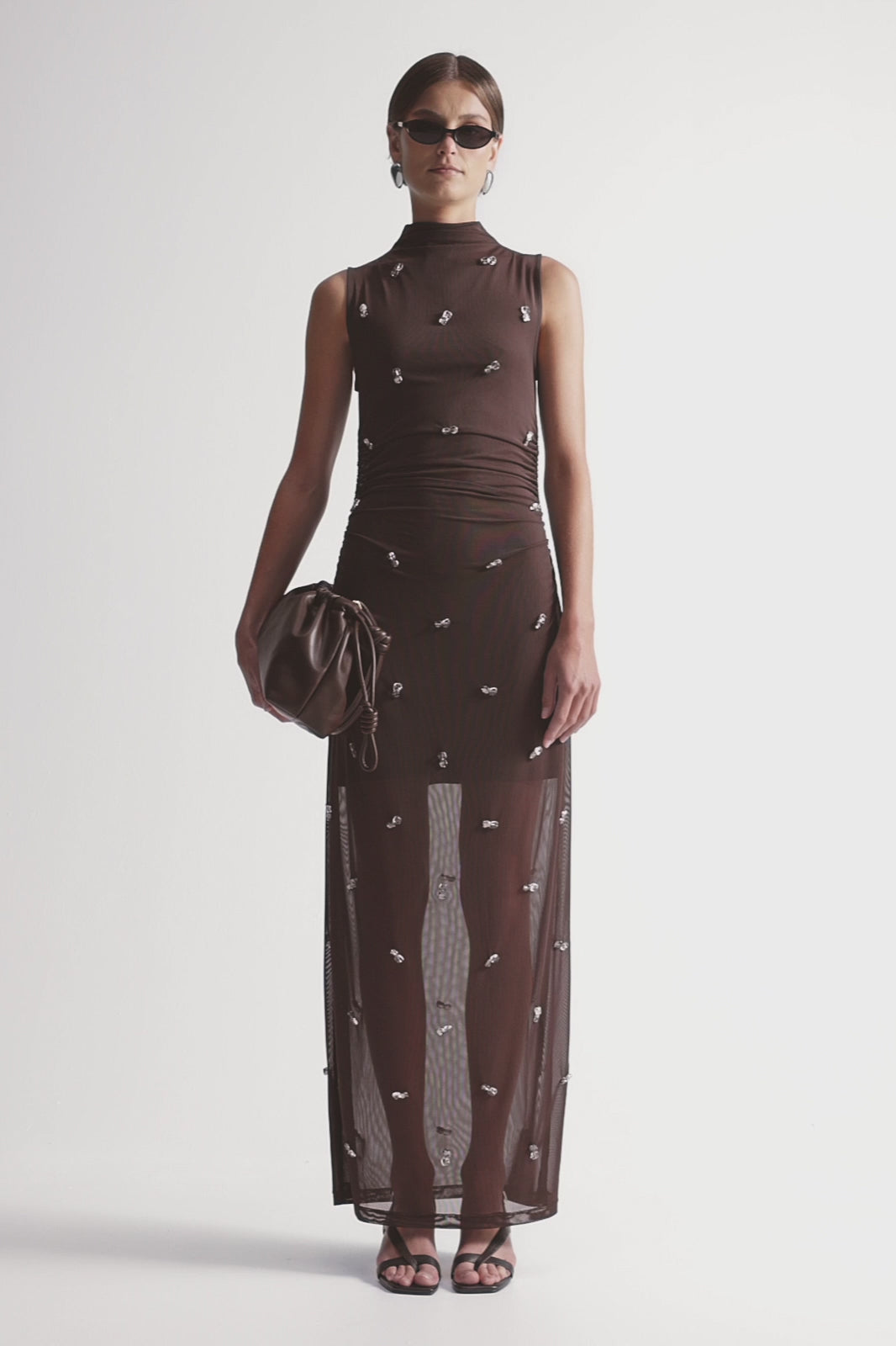 elula maxi dress Elara Brown Mesh Beaded Maxi Dress