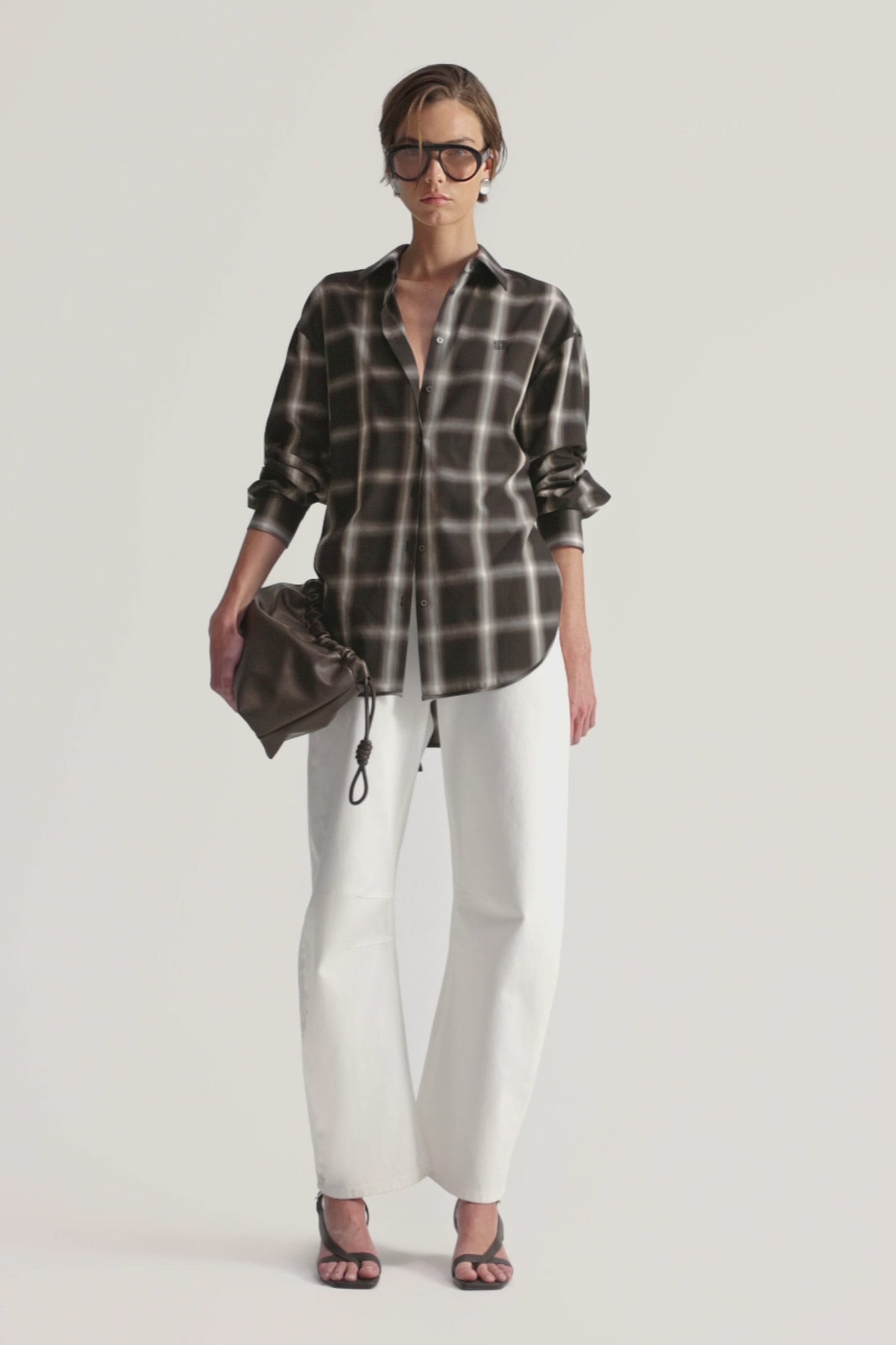 E.TAUTZ ESME SHIRTイートウツ　リネン チェックシャツ UK製 Women's Esme Long Sleeve Shirt in Brown Check - Elka Collective