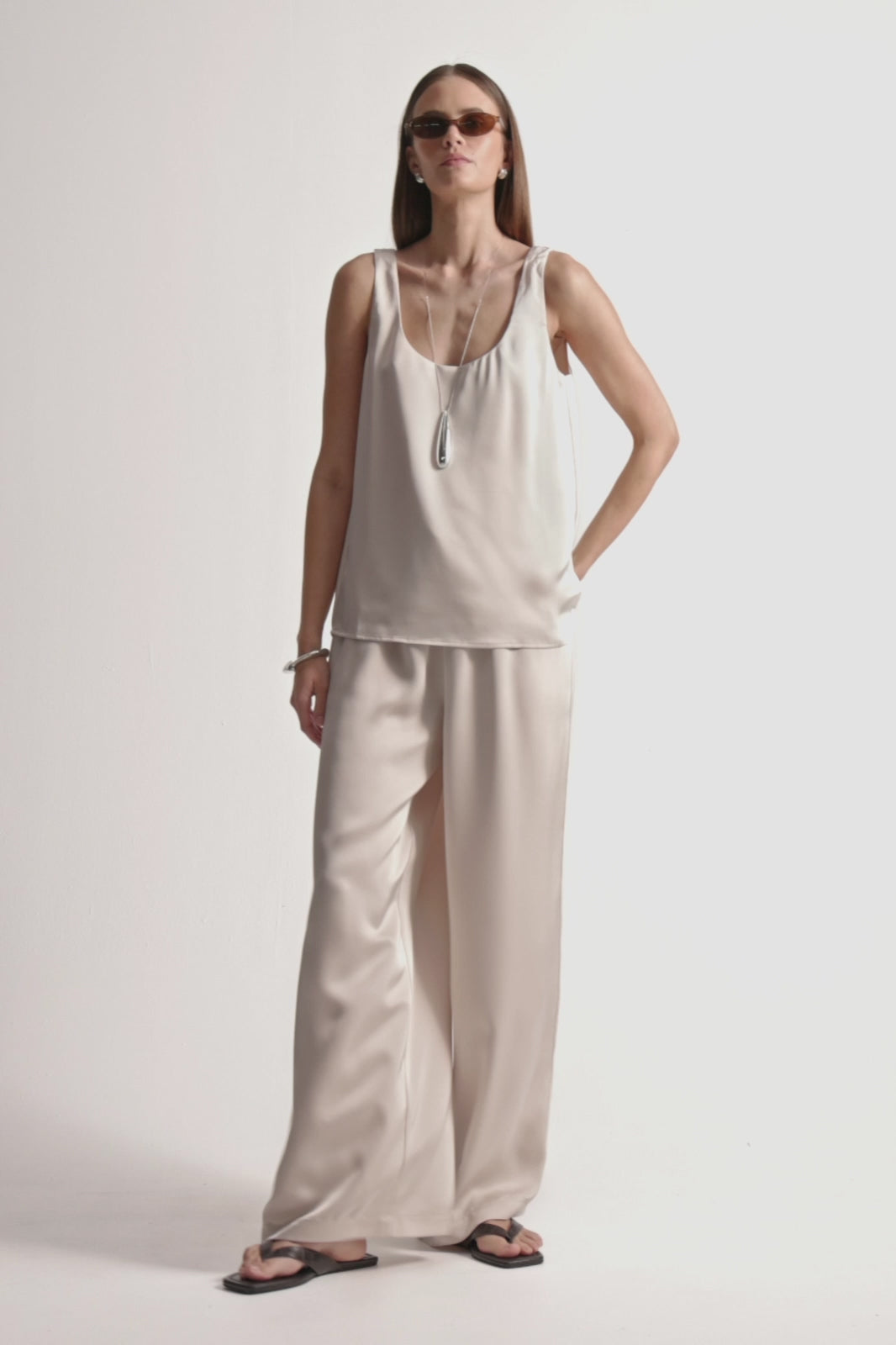 Mina Ecru Japanese Satin Tank Top | Elka Collective