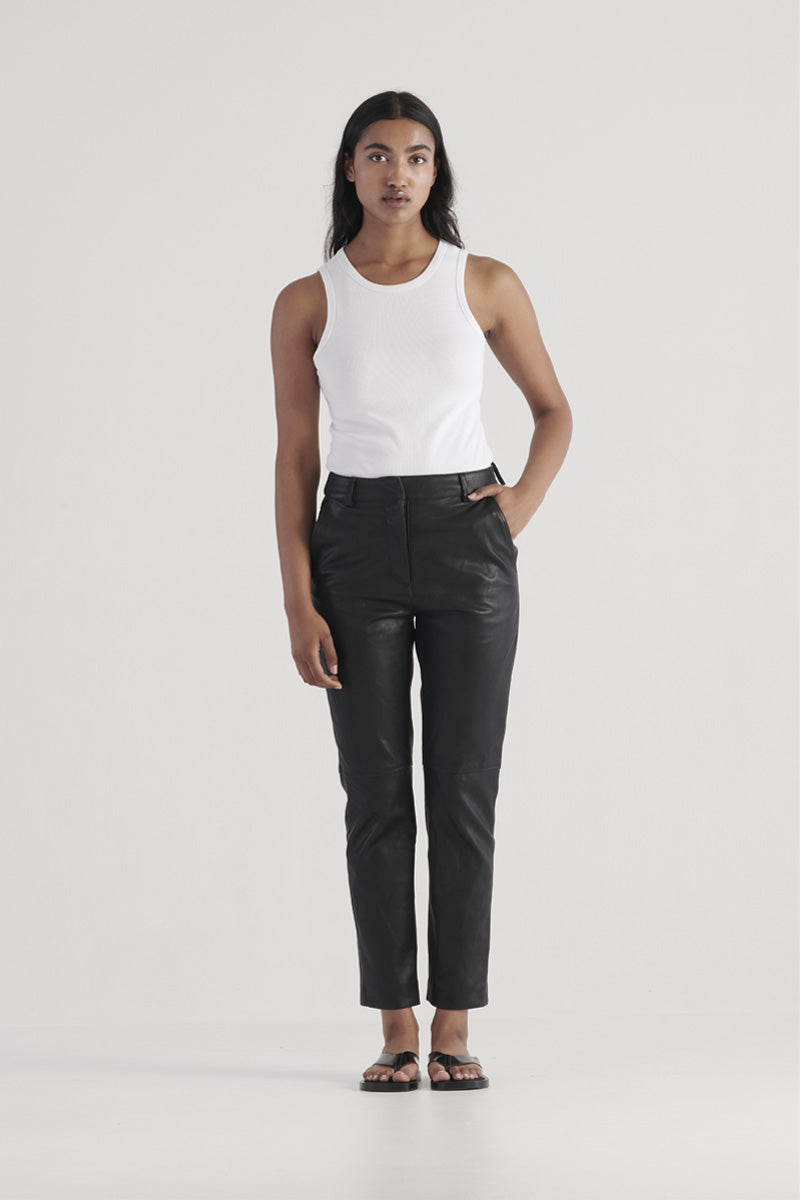Black vegan leather straight leg pant, ankle length with button and zip fly