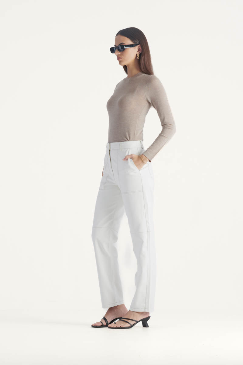 High waisted straight leg vegan leather pant with contrasting seam detail in ivory