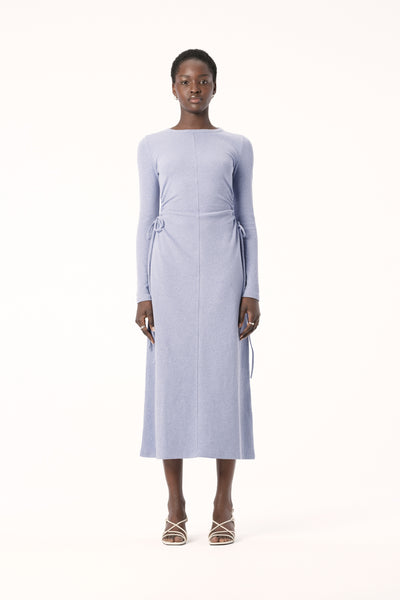 Colson Long Sleeve Knit Midi Dress with Waist Tie in Blue Elka