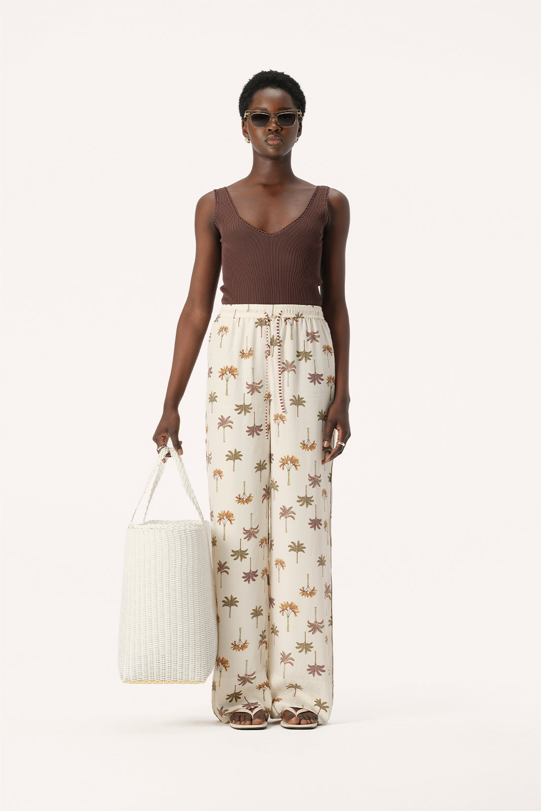 Elka Collective Athena Wide Leg Pants in Cream and Brown Palma Print