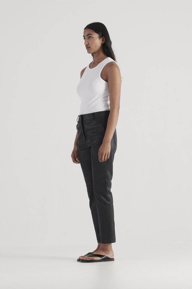 Black vegan leather straight leg pant, ankle length with button and zip fly
