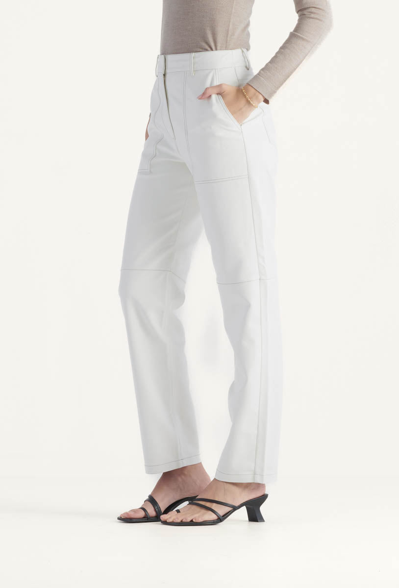 High waisted straight leg vegan leather pant with contrasting seam detail in ivory