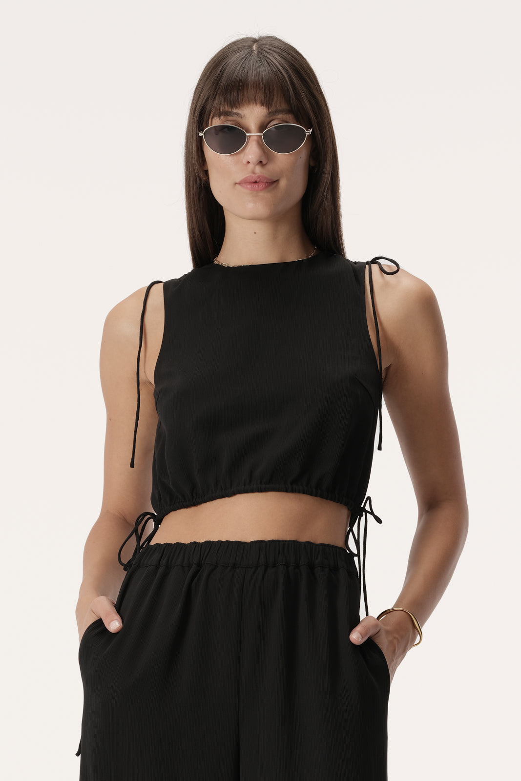 Whiteley Sleeveless Crop Top with Drawstring in Black