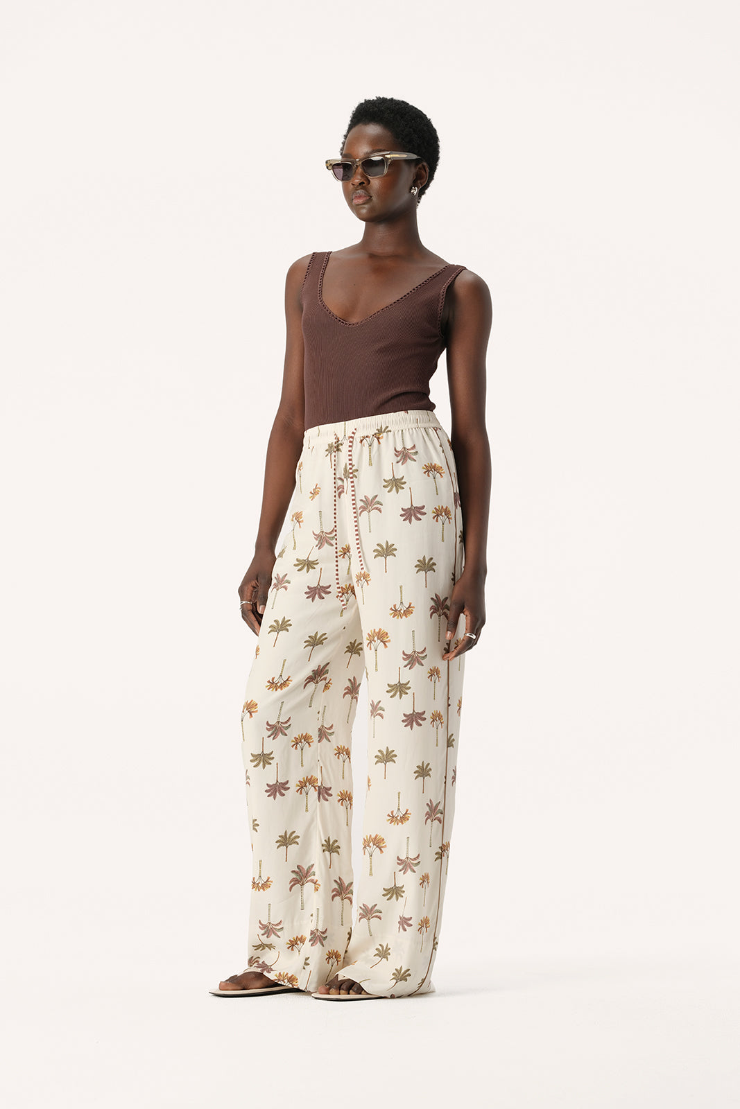 Elka Collective Athena Wide Leg Pants in Cream and Brown Palma Print