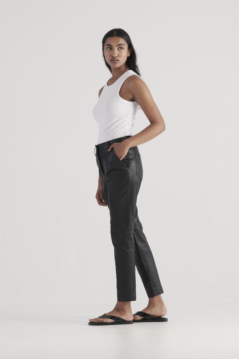 Black vegan leather straight leg pant, ankle length with button and zip fly