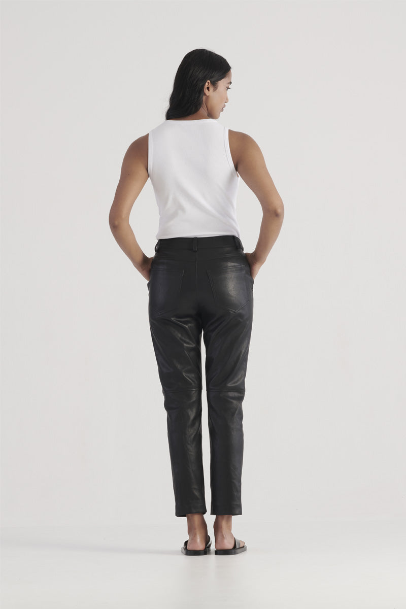 Black vegan leather straight leg pant, ankle length with button and zip fly