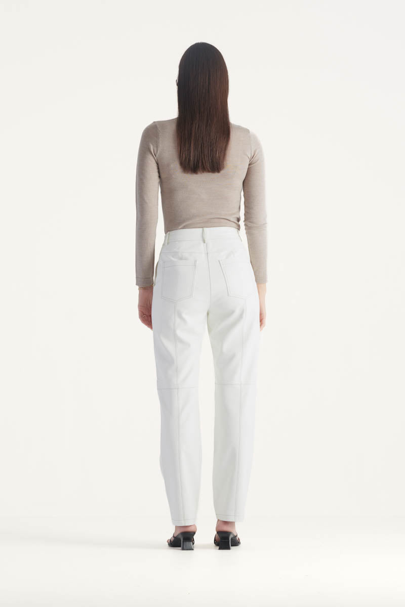 High waisted straight leg vegan leather pant with contrasting seam detail in ivory