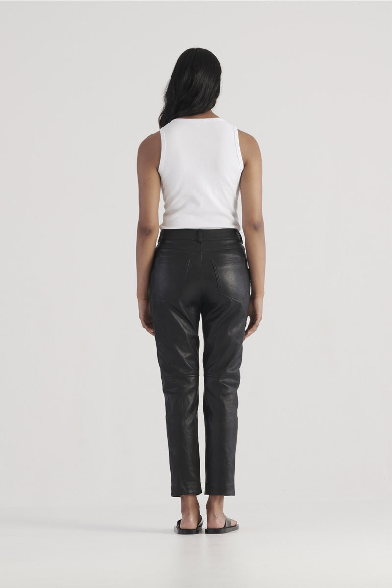 Black vegan leather straight leg pant, ankle length with button and zip fly