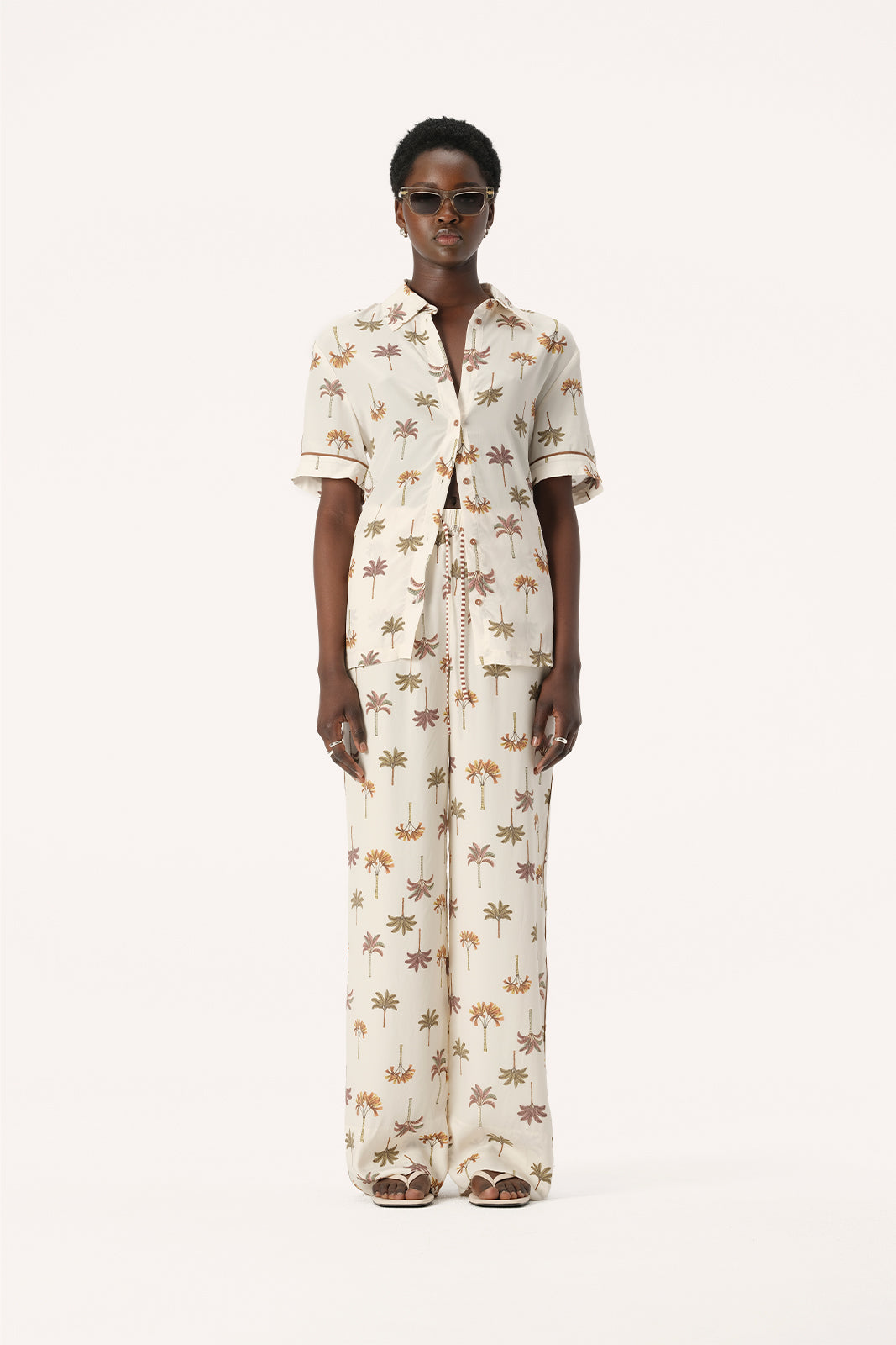 Elka Collective Athena Wide Leg Pants in Cream and Brown Palma Print
