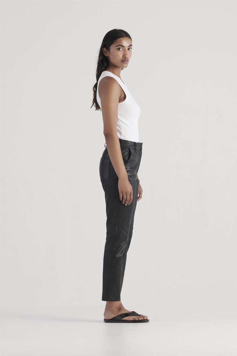 Black vegan leather straight leg pant, ankle length with button and zip fly