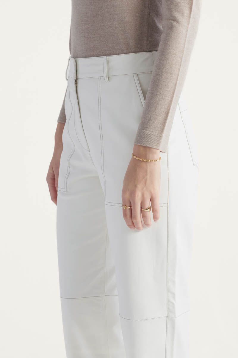 High waisted straight leg vegan leather pant with contrasting seam detail in ivory