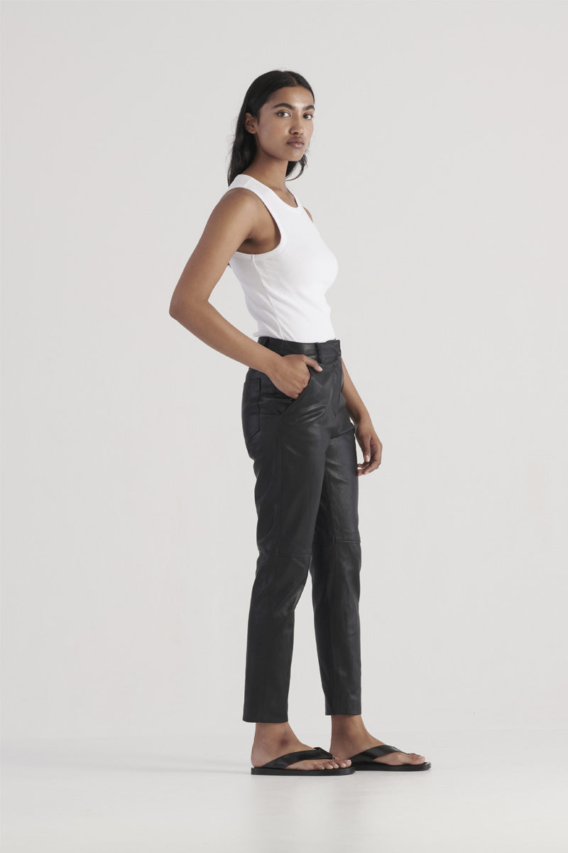 Black vegan leather straight leg pant, ankle length with button and zip fly