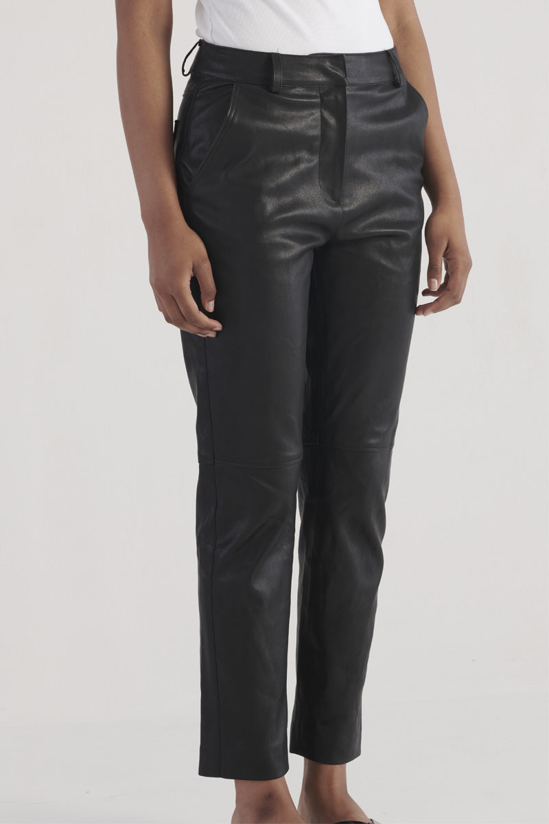 Black vegan leather straight leg pant, ankle length with button and zip fly