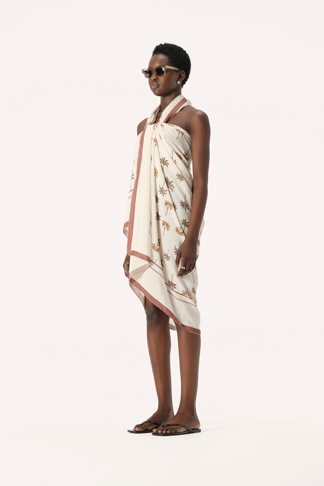 Athena Silk Blend Sarong in Ivory/Tan Palm Print